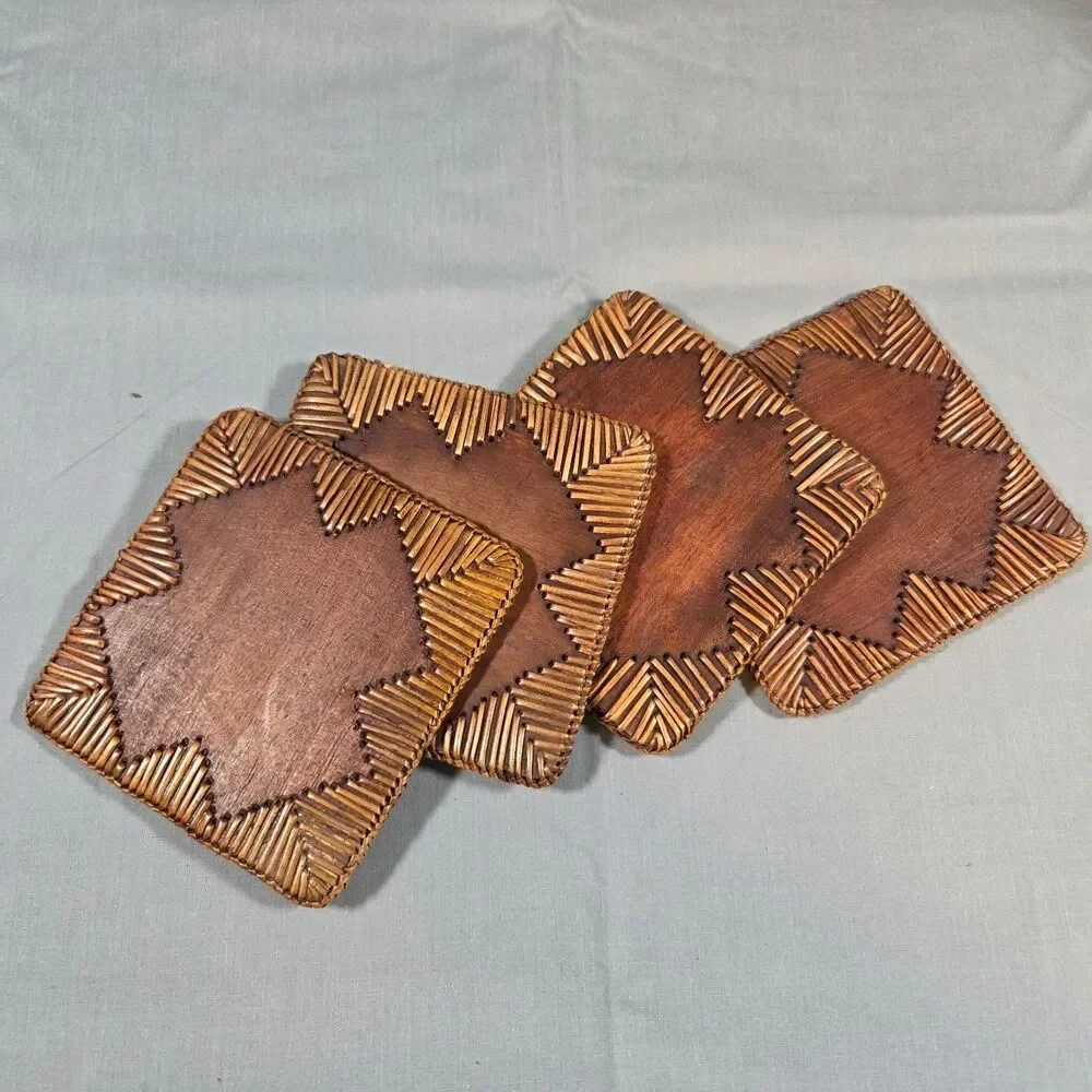 Teak Wood Coasters Set of 4 Woven Rattan Edge Square Boho Mid Century Decor
